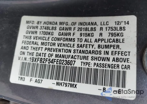 2015 Honda Civic Lx из США, поврежденный, VIN 19XFB2F54FE023607